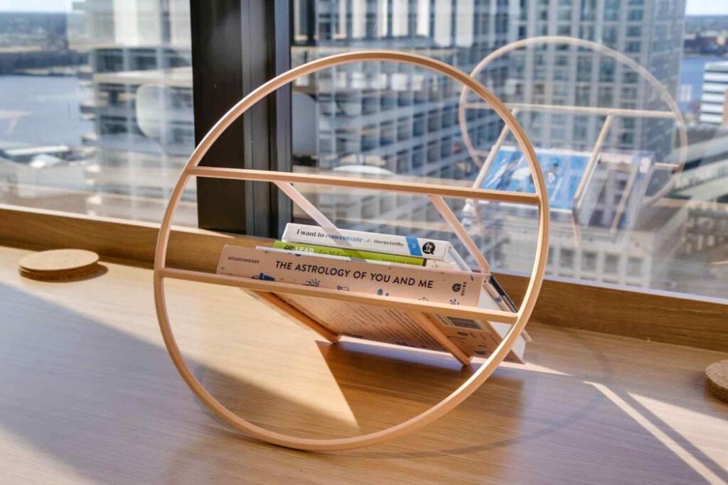 Circular wooden bookshelf on a window ledge holds books, including "The Astrology of You and Me." The cityscape outside is blurred by sunlight.