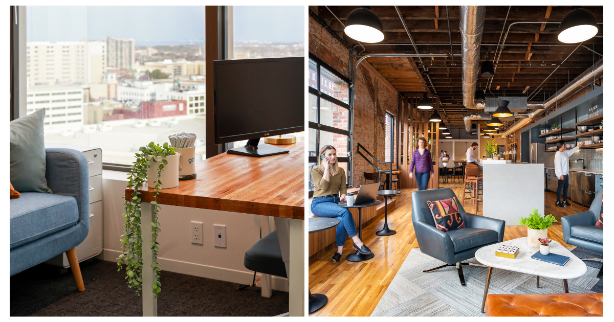 Private office workspace and open coworking lounge comparison at Gather, showing a desk by the window and shared seating area.