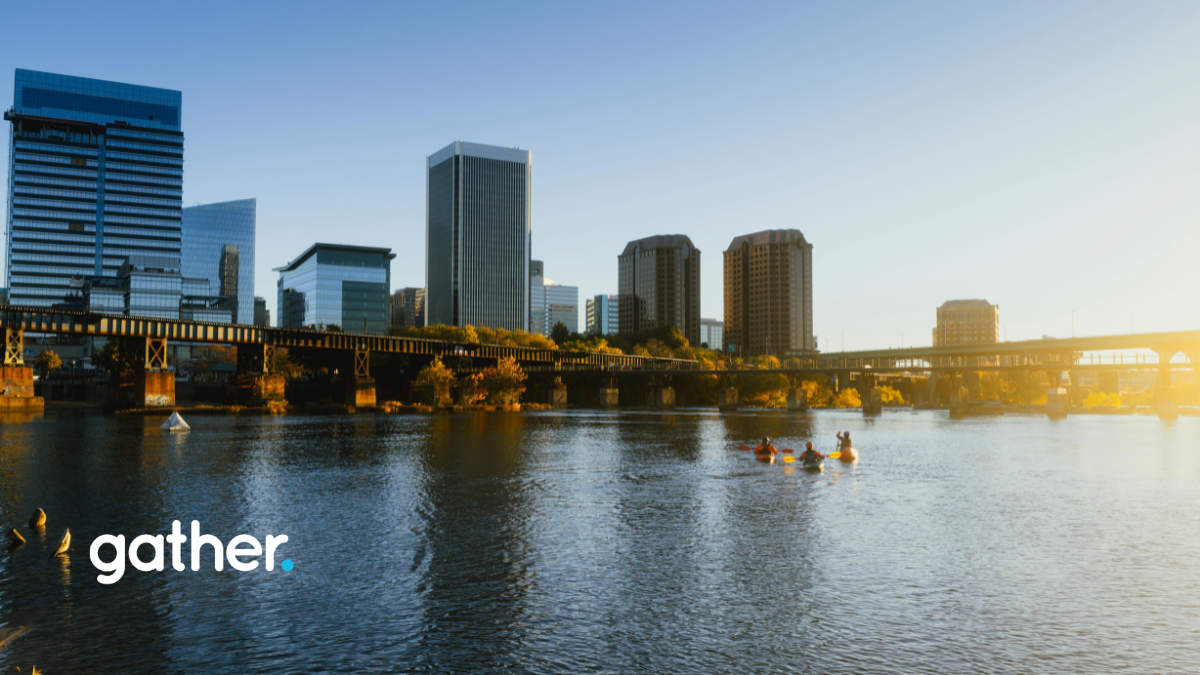Skyline of Richmond, Virginia from the water near sunset.